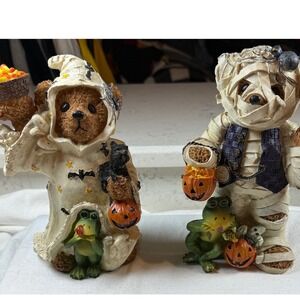 Halloween Teddy Bear Figurine Set Ghost Mummy Costume Resin Decor
